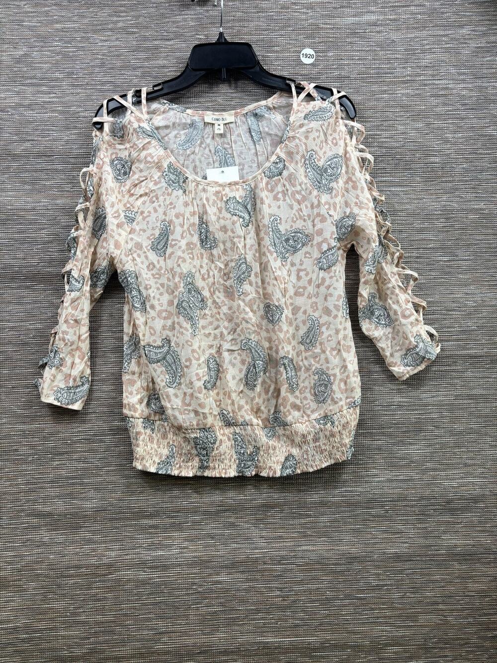 Como Blu Blouse Womens M Beige Paisley Cutout Sleeve Smocked Hem Top Boho